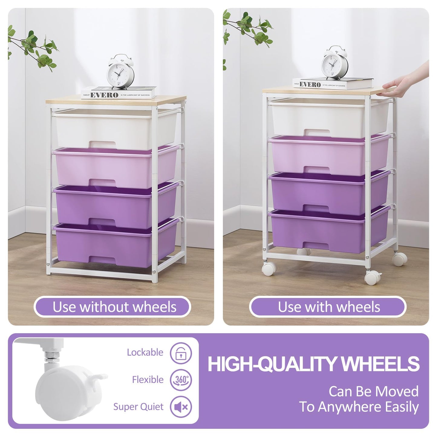 Utility Cart with 4 Drawers,Rolling Storage Cart with Drawers,Storage Rolling Drawer Cart with Wooden Tabletop for Bedroom,Kid's Room,Dorm,Classroom,Office, Purple
