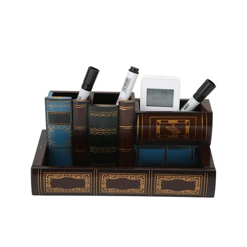 Retro Pen Holder, Vintage Fake Book Shaped Wooden Pencil Holder Desk Organizer with Drawer Wooden Pencil Cup for Home Office Study Library