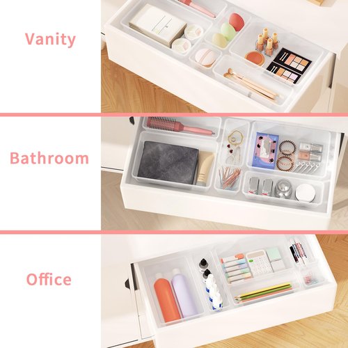 Lulltou 25 PCS Plastic Drawer Organizer Set, 4-size Clear Bathroom and Vanity Desk Drawer Organizer Trays, Non-Slip Versatile Storage Bins for Makeup Jewelry Office Kitchen Gadgets