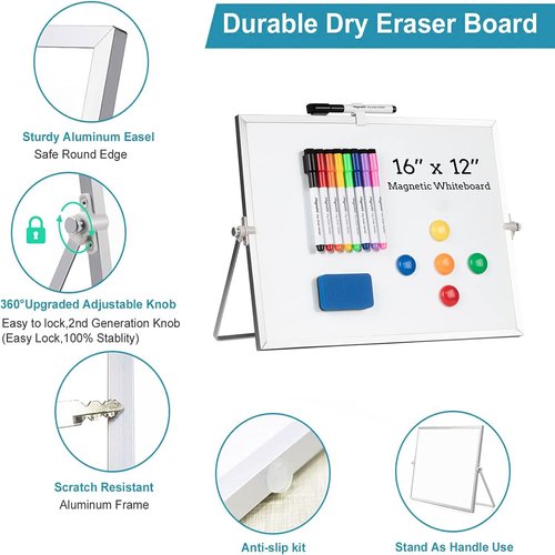 Cazeyoo Magnetic Desktop Whiteboard - Portable Double-Sided 16 x 12 Inch with Stand, Markers & Eraser
