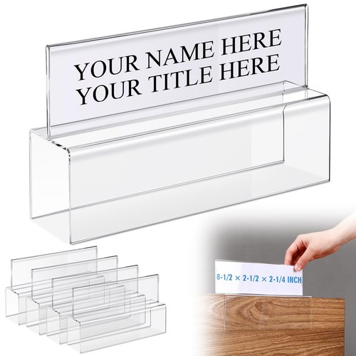 Anglechic 4 Pcs Double Sided Acrylic Cubicle Name Plate Holders Clear Plastic Name Plate Sign for Office Home Classroom Library, 8.5 × 2.5 × 2.25 Inch