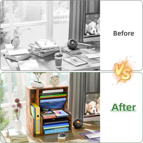 Skiennix 7-Tier Desk File Organizer - Wooden Letter Tray with Adjustable File Holder | Office Supplies Storage