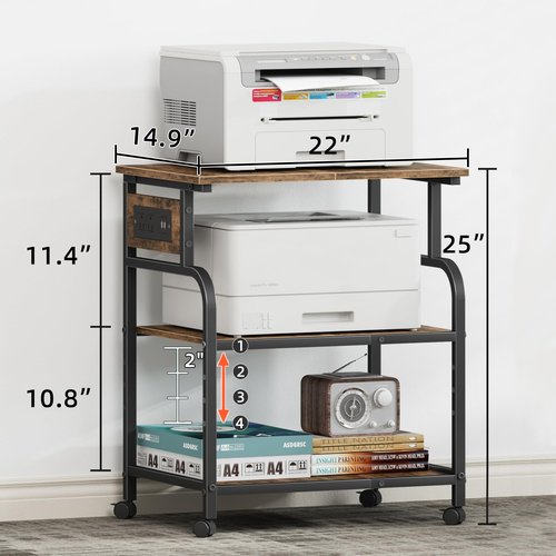 YAOHUOO 3 Tier Large Printer Stand with Power Outlet/Adjustable Storage Shelf, Rolling Cart with Wheels, Printer Table for Home Office 3D Printer/Heat Press/Laster, 22"×15" Rustic Brown