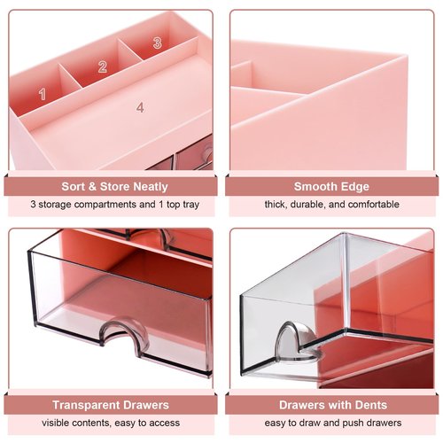 Meiikun Desk Organizer, Office Organizer with Drawer, Desk Accessories & Workspace Organizers, Pen Holder Office Supplies for Desk (4 Drawers+4 Compartments, Pink)