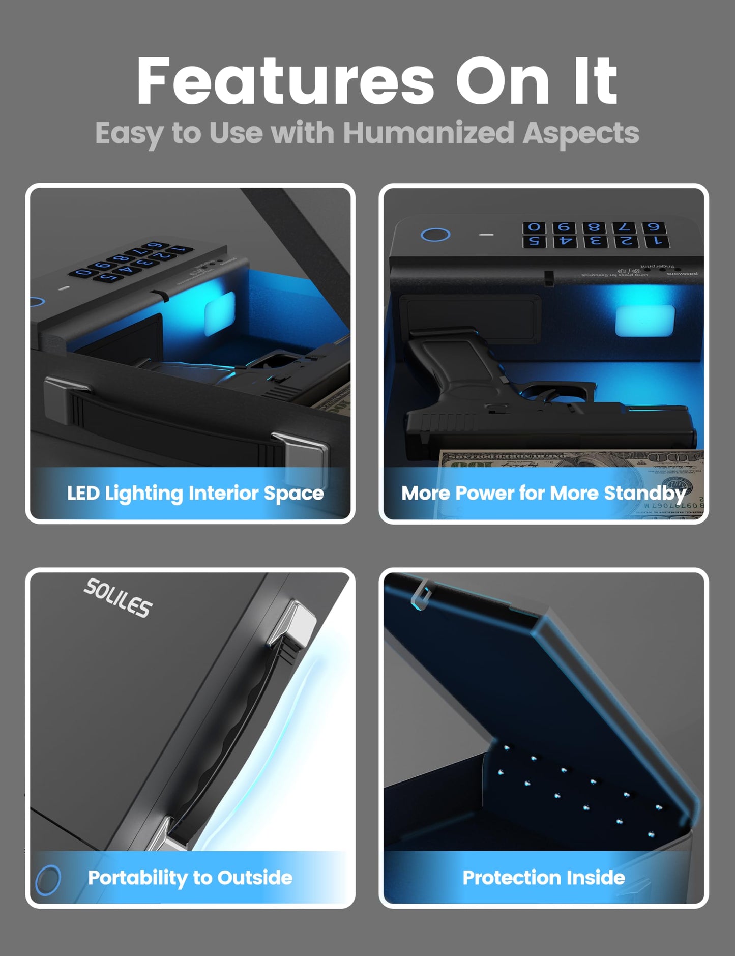 SOLILES Biometric Gun Safe - 4-Way Unlock (APP/Fingerprint/PIN/Key) - 2000mAh Rechargeable - 100 Fingerprint Memory - Patented Lock Core - Silent Operation