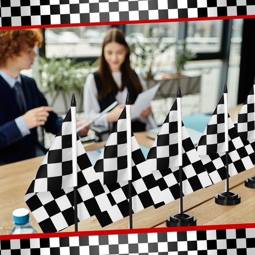 Mindsoft 12 Pcs Black and White Checkered Racing Stick Flag Checkered Flag Sets Mini Racing Office Table Stick with 12" Solid Pole Black Stand Base Decorations for Desk Car Party