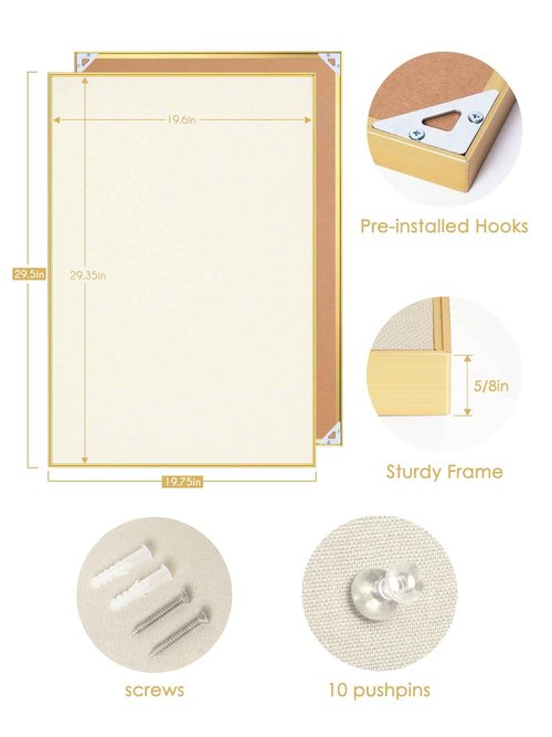 Bulletin Board 30 x 20 inches, Oatmeal White Pin Board, Golden Aluminum Framed Fabric Cork Board with 10 Push Pins