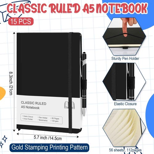 Qeeenar 15 Pack Journal Notebook Bulk A5 Hardcover Notebook Classic Journal Set with Pen Holder with 15 Pcs Pens for School Business Work Travel Writing (Black)