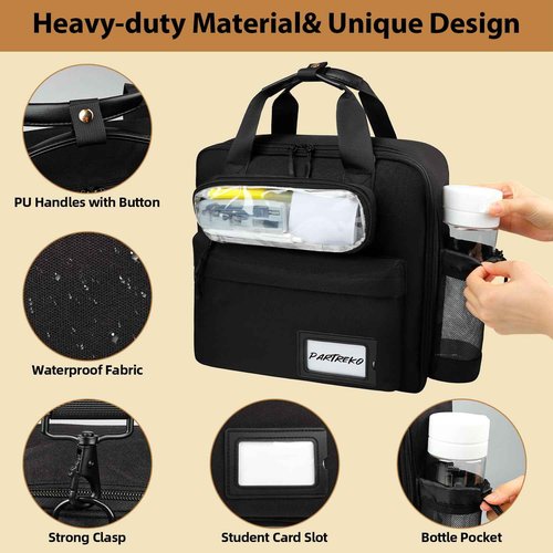 Partreko 3 inch D-ring Zipper Binder Bag for 700 Sheets&13 inch Laptop Organizer, Detachable Zip Up Binder with Removable Pen Case& Bottle Pocket for Middle High School Office Supplies Storage (Black)
