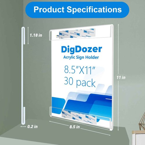 DigDozer 30 Pcs Acrylic Sign Holder 8.5 x 11, Vertical Wall Mount Sign Holders with Adhesive, Clear Plastic Frames Paper Display Sign Holders for Office, Home, Store, Restaurant - No Drilling