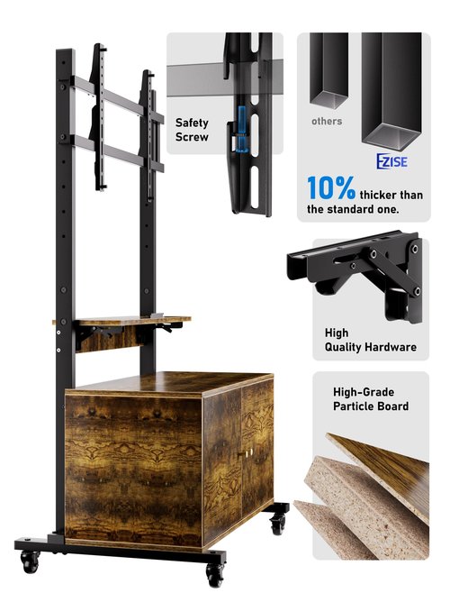 EZISE Mobile TV Stand with Foldable Table, Wood TV Stand on Silent Wheels for TVs up to 75 Inch, Entertainment Center with Storage Cabinet for Living Room, Bedroom, Kitchen, Office