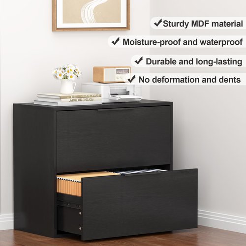 FATIGOS Lateral File Cabinet, Wood Black File Cabinet with Hanging Bars for Letters, Horizontal File Cabinets for Home Office