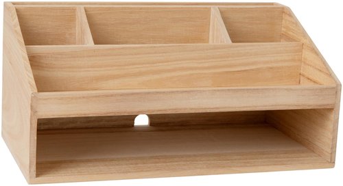 Martha Stewart Weston Wooden Desktop Organizer with Open Lower Storage Compartment, Paulownia Wood Multipurpose Storage Caddy, Light Natural