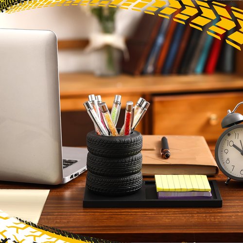 Fullhawl Tire Shaped Pen Holder with Sticky Notes Holder Set Tool Planter Pencil Storage Holder Desk Organizer Home Office Supplies Gift for Mechanics Car Lovers (Black)
