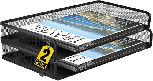 1InTheOffice Desk Trays - Stackable Black Wire Mesh Paper Organizer | Legal Size, 2 Pack
