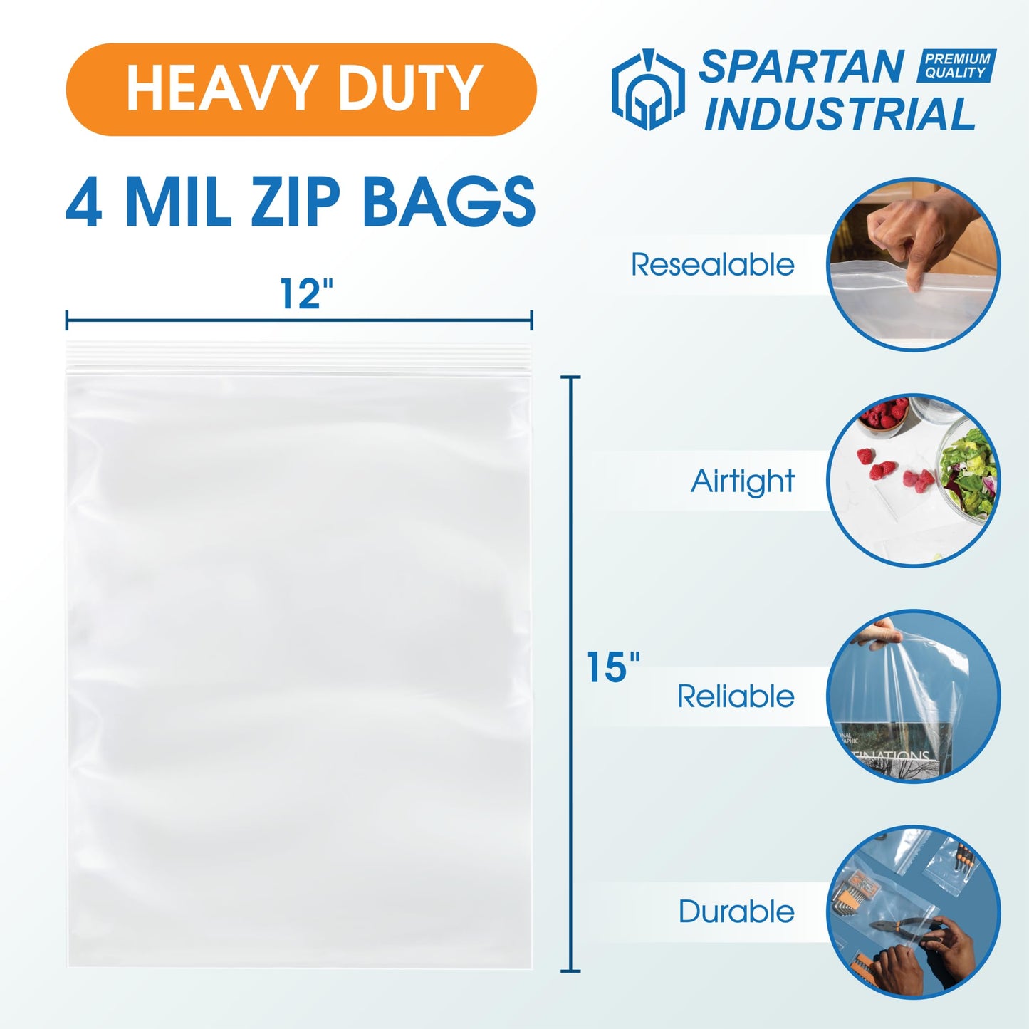 Spartan Industrial - 12” X 15” (100 Count) 4 Mil Thick Clear Reclosable Zip Plastic Poly Bags with Resealable Lock Seal Zipper - Heavy Duty and Durable