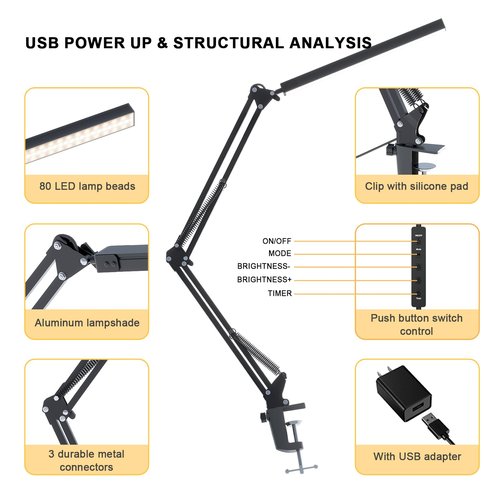 TROPICALTREE LED Desk Lamp for Home Office, Clamp-On with 5 Light Modes & Auto Shut Off | 14W Adjustable Brightness 5000K Eye-Caring Lighting for Study/Bedroom/Computer Desk