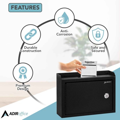 Adir Suggestion Box with Slot and Lock - Drop Box with Lock, Cash Dropbox - 9.8x7.5x3.4 Inches Wall Mount Donation Box - Metal Deposit Box in Black