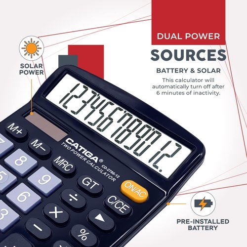 CATIGA 12-Digit Desktop Calculator - Large LCD Display, Dual Power, 2-Pack | Ideal for Office & School