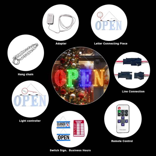 30'' x 10" Led Open Signs for Buisness with Remote Control Ultra Bright Red&Green&Blue&Yellow Open Sign Adjustment Brightness & Speed - 14 Mode, for Storefront Window Shop Store Restaurant Office Hotel