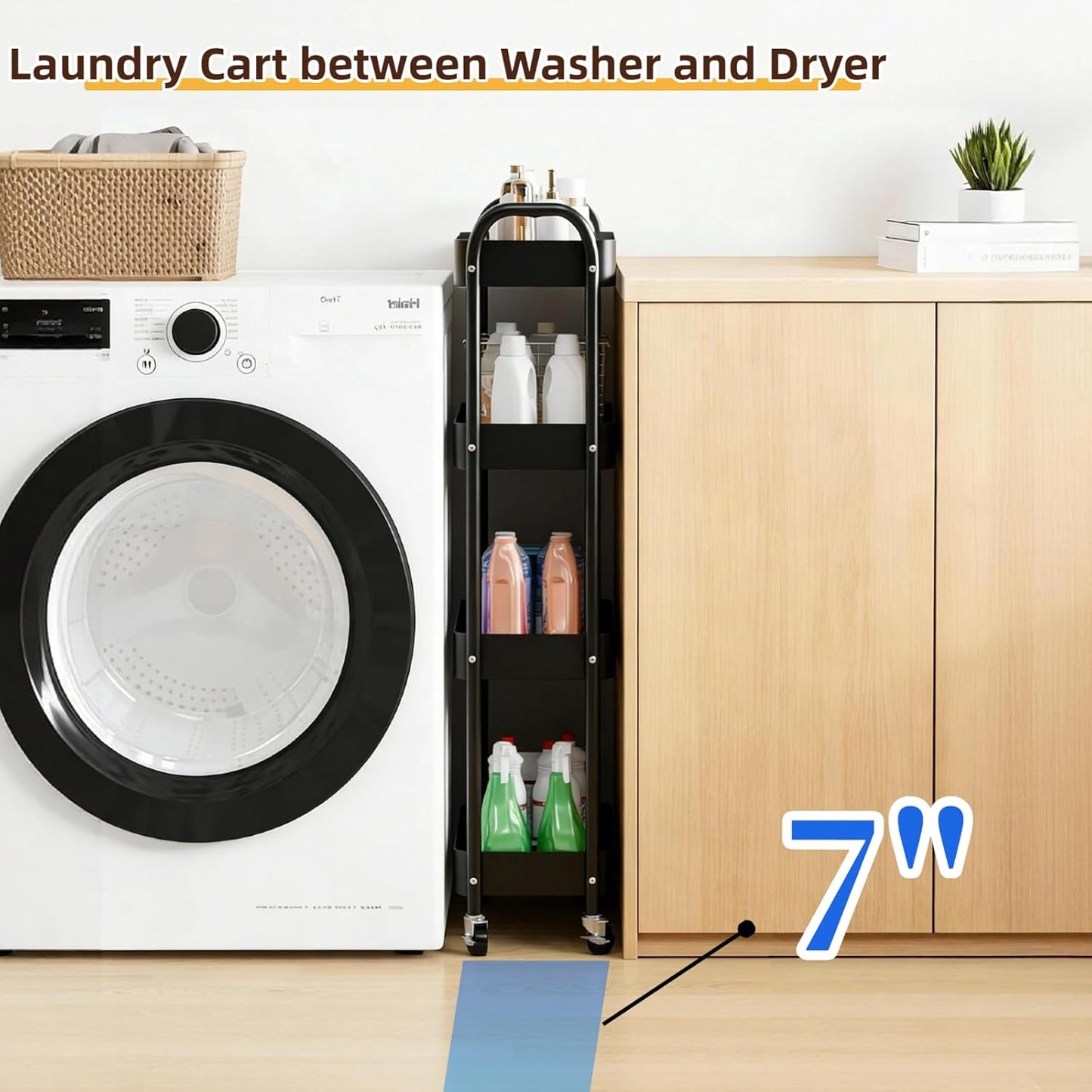 4 Tier Slim Storage Cart - Rolling Laundry Organizer with Lockable Wheels | 7.1'' Narrow Metal Shelf, Black