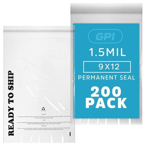 GPI - Pack of 200 9" X 12", Clear Self Seal Poly Bags - 1.5 Mil Polybags with Permanent Adhesive Strip & Suffocation Warning for Packaging T Shirts & Clothing. Perfect for Shipping Supplies with FBA