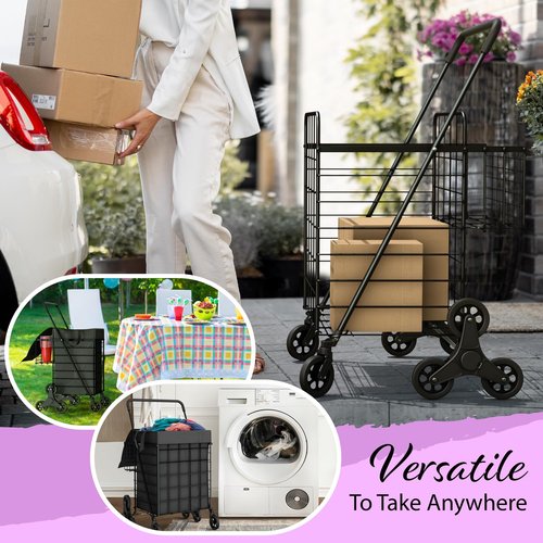 Our Modern Space Stairs Climbing Shopping Cart w/Waterproof Basket Liner & 360° Swivel Wheels | Foldable Collapsible & Lightweight | Perfect for Groceries Laundry Utility Cart - Black