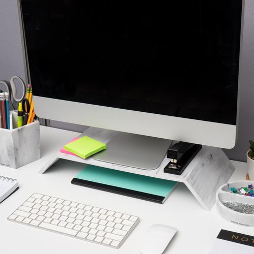 Mind Reader Monitor Stand, Contemporary, Desktop Organizer, Laptop Riser, Office, Resin, 18.25" L x 9" W x 3" H, White