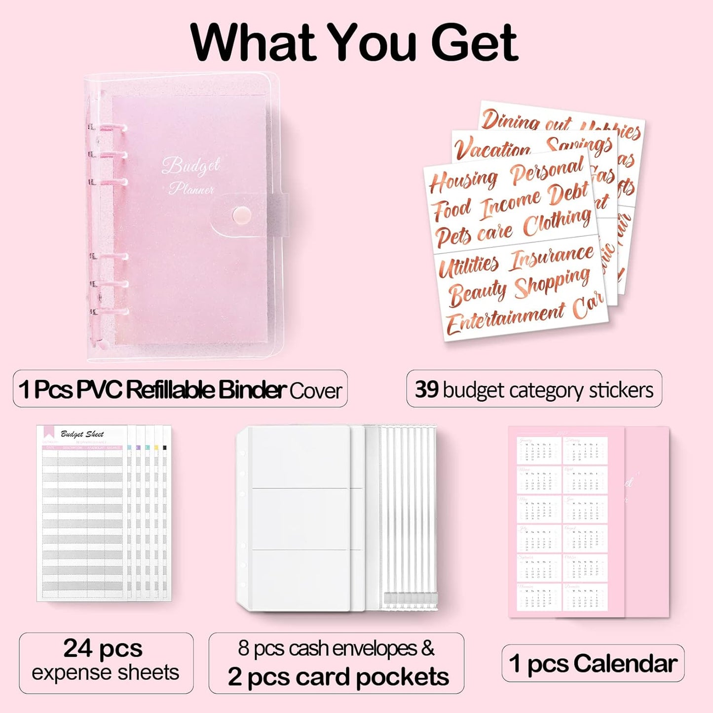 Skiennix Budget Binder - Zipper Envelopes & Rose Gold Stickers | 6 Card Slots & 24 Expense Sheets
