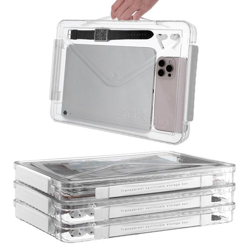 mekueeex 4 Packs File Box Clear Portable Project Case with Handle Plastic Stackable Paper Storage Box Document Magazines File Boxes Holder for A4 Letter File Scrapbook Storage Photo Protector Case