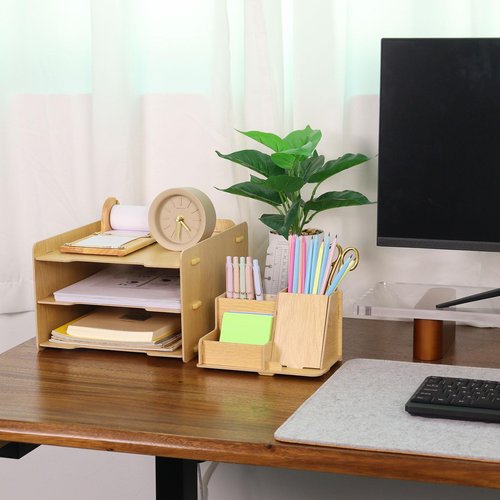 Buqoo Wooden Desk Organizer Set, Desktop File Holder with Phone Stand, 3-Tier Paper Tray, Office Supplies Storage, Natural Wood