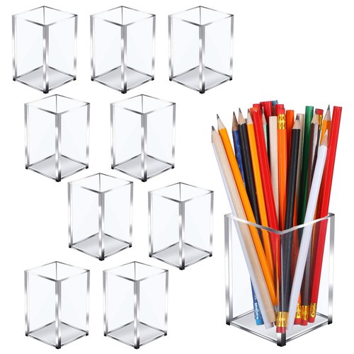 Ubamdom 10 Pack Clear Acrylic Pen Holder Makeup Brush Holder Desktop Pencil Organizer Acrylic Pencil Cup Stationery Organizer Accessory for School Makeup Desk Office Pen Storage