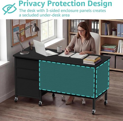 Regine Switzerland Rolling Teacher Desk - Mobile 47" Computer Desk with File Drawer & Privacy Panel | Modern Black Office Furniture