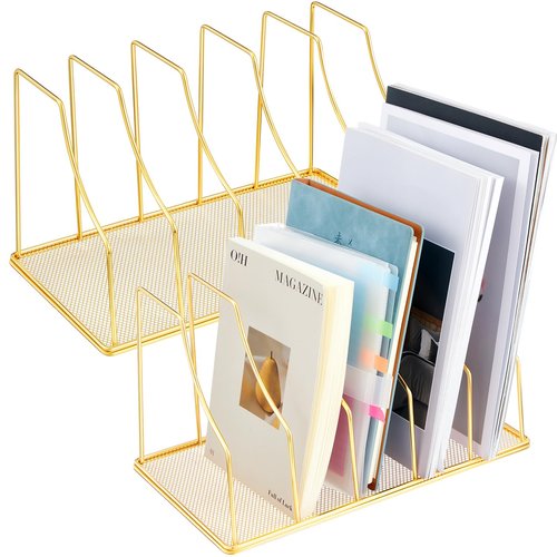 Chivertion 2 Pcs 5 Slot File Sorter Organizer Binder Holder for Desk Wire Magazine Holder Rack Upright File Folder Organizer Stand for Office Book Paper Home Shelf Storage(Golden)