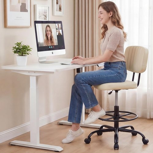 DUMOS Armless Drafting Chair - Ergonomic Low Back Office Seat with Adjustable Footrest | Beige Swivel Stool