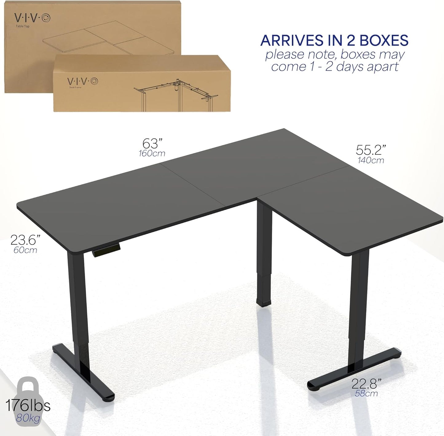 VIVO L-Shaped Standing Desk - 63 x 55 Inch Electric Height Adjustable Workstation | Light Wood Top & White Frame