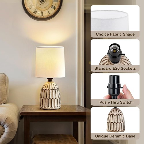 EJIAXIN Table Lamps Set of 2 | 13.5" Boho Ceramic Lamps - Rustic Farmhouse Design for Bedroom & Living Room