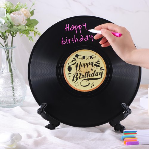 Vinyl Record Birthday Decorations Happy Birthday Guest Book Alternatives with Pens DIY Vinyl Birthday Favor Sign Poster Music Lover Birthday Table Decors with Clock Accessories, Not Include Battery