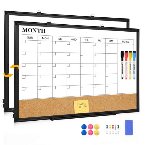 QUEENLINK Large Dry Erase Calendar for Wall, 36"x24" Double-Sided Magnetic Whiteboard Calendar with Cork Board, Black Aluminum Frame Monthly White Board Memo Message Board for Office, Home, School