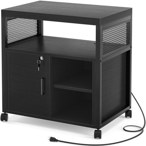 Unikito Lateral File Cabinet, Locking Office Filing Cabinets with Socket and USB Charging Port, Modern Rolling Printer Stand with Storage for A4, Letter Size and File Folders, Black