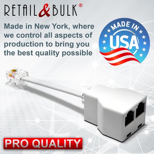 RetailAndBulk Phone Jack Splitter for Landline Telephone RJ11 6P4C 2 Way Adapter (1 Splitter + 2.5 Inch Cable) Made in USA
