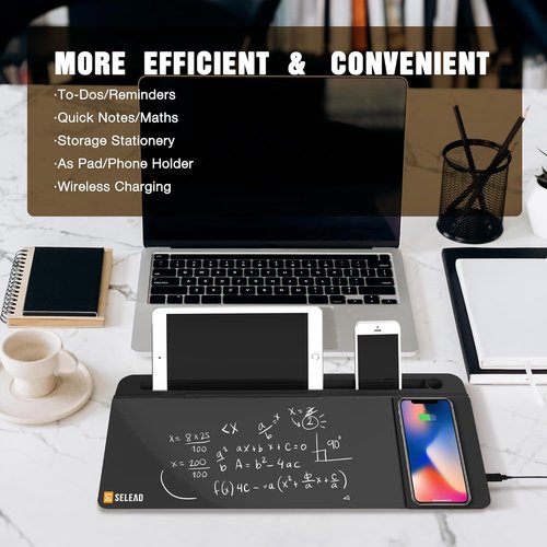 SELEAD Desktop Glass Whiteboard - Wireless Charger & Organizer for Home/Office | Black