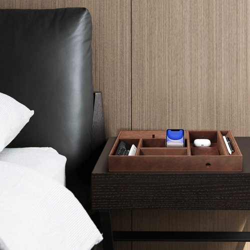SITHON Valet Tray Desktop Organizer - 8 Compartments Catchall EDC Tray PU Leather Bedside Vanity Nightstand Caddy Coin Box Key Jewelry Storage Organizer, Brown