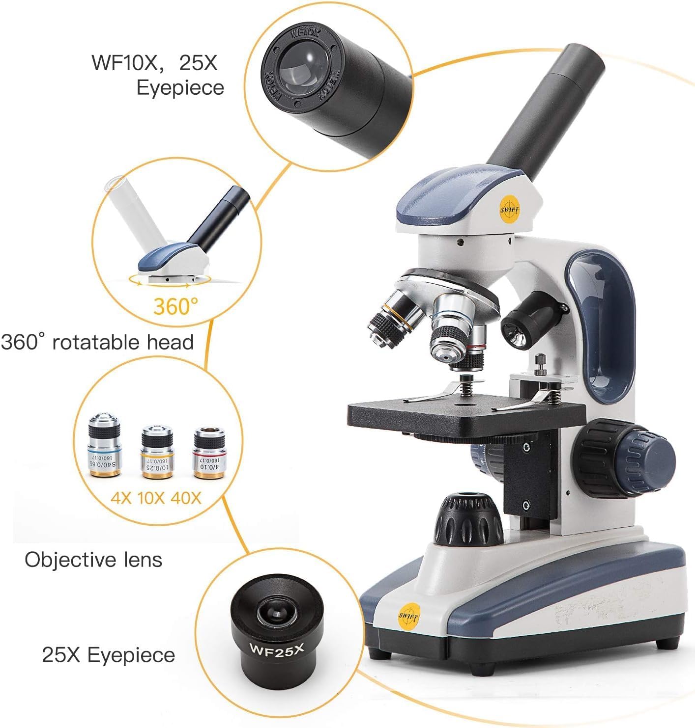 SWIFT Compound Monocular Microscope SW200DL - 40X-1000X Magnification, Dual Light & Cordless Design for Students