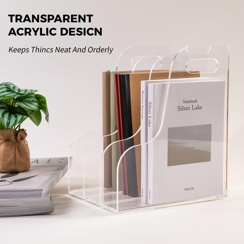AIMOLLY 3 Vertical Compartments File Holder, Clear Acrylic Desk Organizer and Storage Bins Holding for Magazines, Binders, Notebooks, Envelopes, Multi-purpose Document Organizer for Home Office