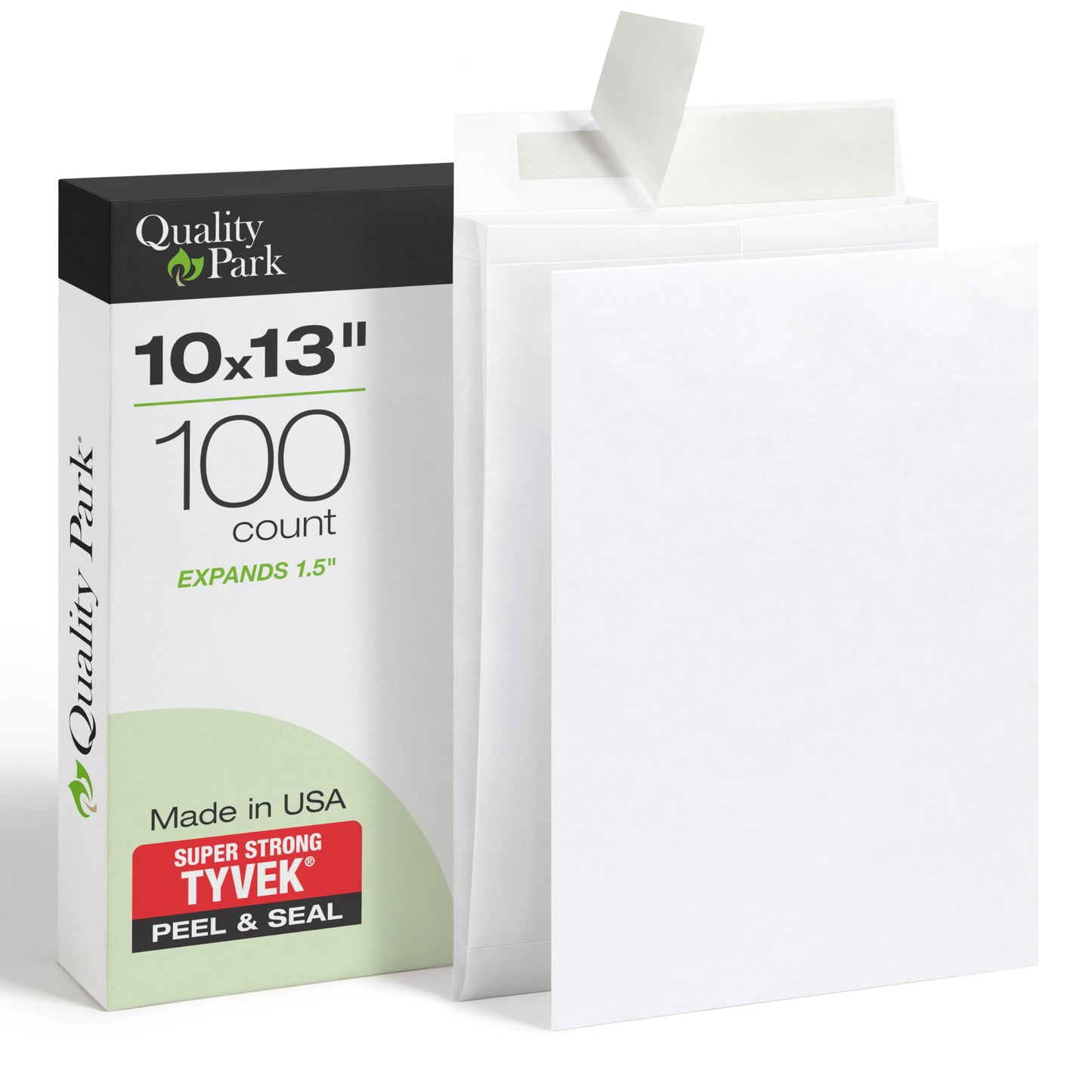 Quality Park Tyvek Envelopes, 100 Pack, Large 10 x 13 Mailers, 1.5 Inch Expansion, Rip, Puncture & Water Resistant Self Sealing Mailing Bags for Lightweight Shipping, White