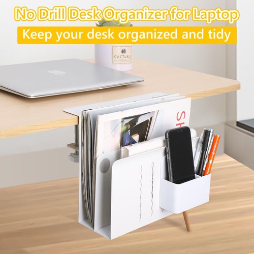 Henitol 2 TIER Desk Side Storage Upgraded Under Desk Organizer, No Drill Hanging Laptop Holder Under Desk, Clamp-On Table Side Tray Steel Desktop Organization for Office and Home (White)
