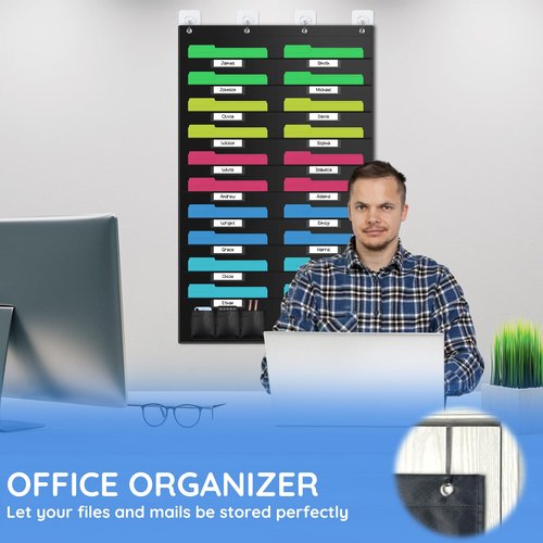 ZKOO 20 Pockets Hanging Wall File Organizer for A4 Size Paper/Legal/Letter Size Document, Sturdy Wall Mail Organizer Black Pocket Great for Classroom, Office, Home Use with 4 Hangers 6 Pen Pocket