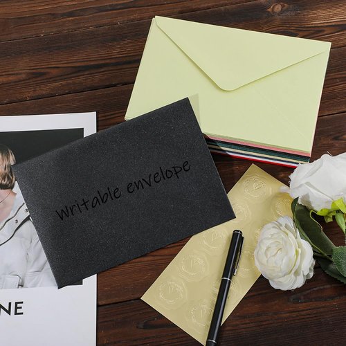UoeRing A7 Self-Sealing Black Envelopes 50 Pcs - 5x7 Inches (5.31×7.67in) Premium 120g Pearl Glitter Paper - Printable & Writable for Wedding, Party Invitations - Includes Gold Sealing Stickers