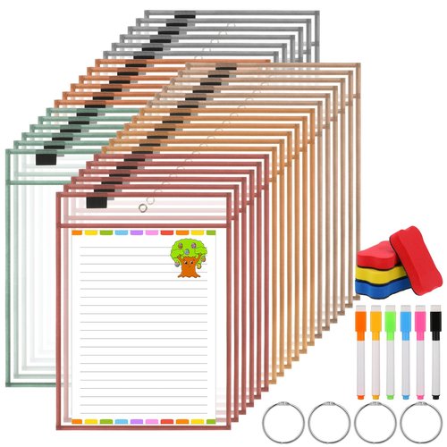 AmazingSpark 36 Set Dry Erase Pockets 10" x 14" Clear Plastic Sheet Protector Boho Color Oversized Reusable Sleeves with 36 Marker 4 Eraser 4 Ring Job Shop Ticket Holder for Teacher Classroom Supply